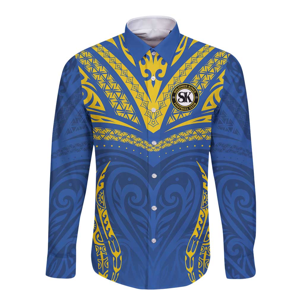 Custom Oceania Football Solomon Kings Long Sleeve Button Shirt Polynesian Tribal Pattern LT9 Unisex Blue - Polynesian Pride