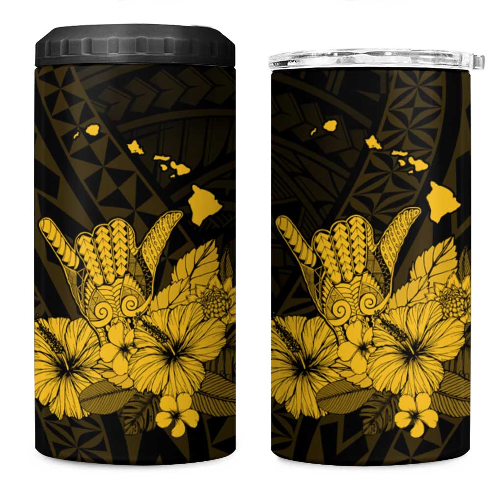 Gold Hawaiian Hibiscus Shaka Sign 4 in 1 Can Cooler Tumbler LT9 One Size: 16 oz Gold - Polynesian Pride