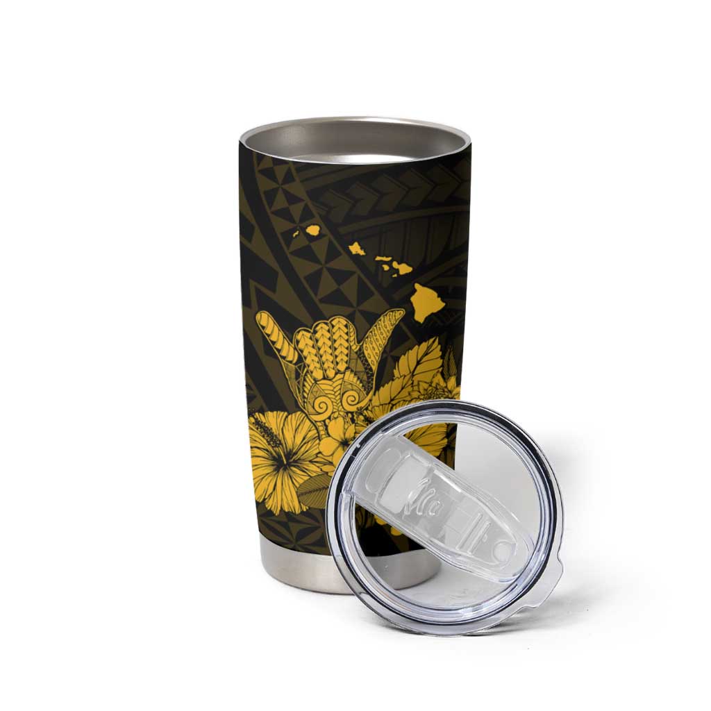 Gold Hawaiian Hibiscus Shaka Sign Tumbler Cup LT9 - Polynesian Pride