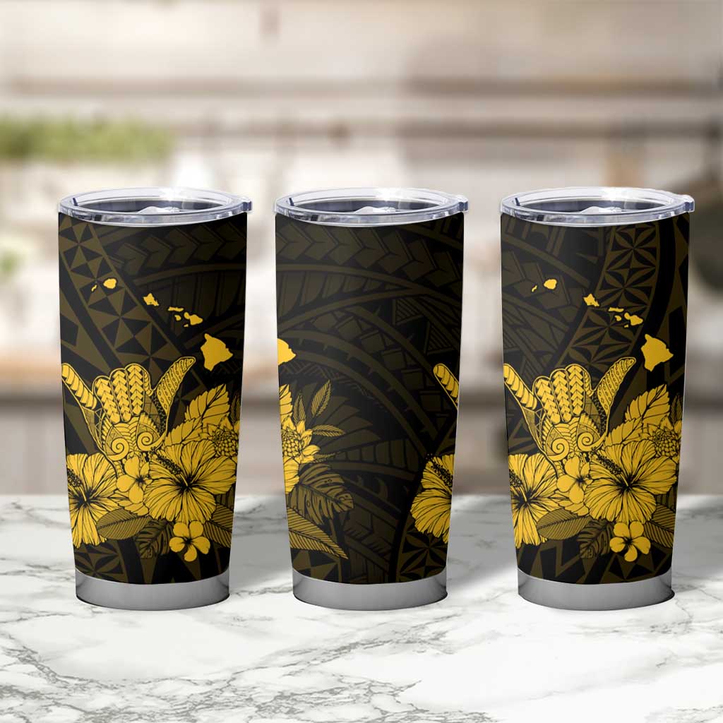 Gold Hawaiian Hibiscus Shaka Sign Tumbler Cup LT9 - Polynesian Pride