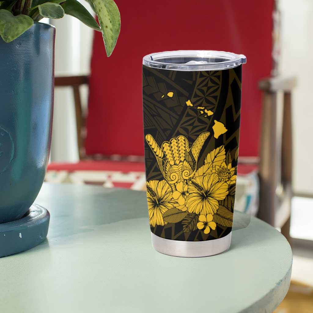 Gold Hawaiian Hibiscus Shaka Sign Tumbler Cup LT9 - Polynesian Pride