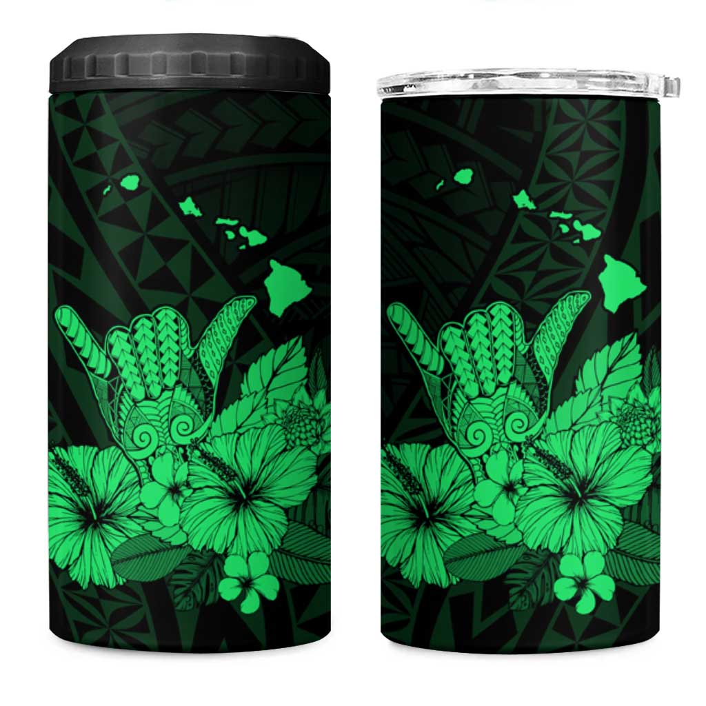 Green Hawaiian Hibiscus Shaka Sign 4 in 1 Can Cooler Tumbler LT9 One Size: 16 oz Green - Polynesian Pride