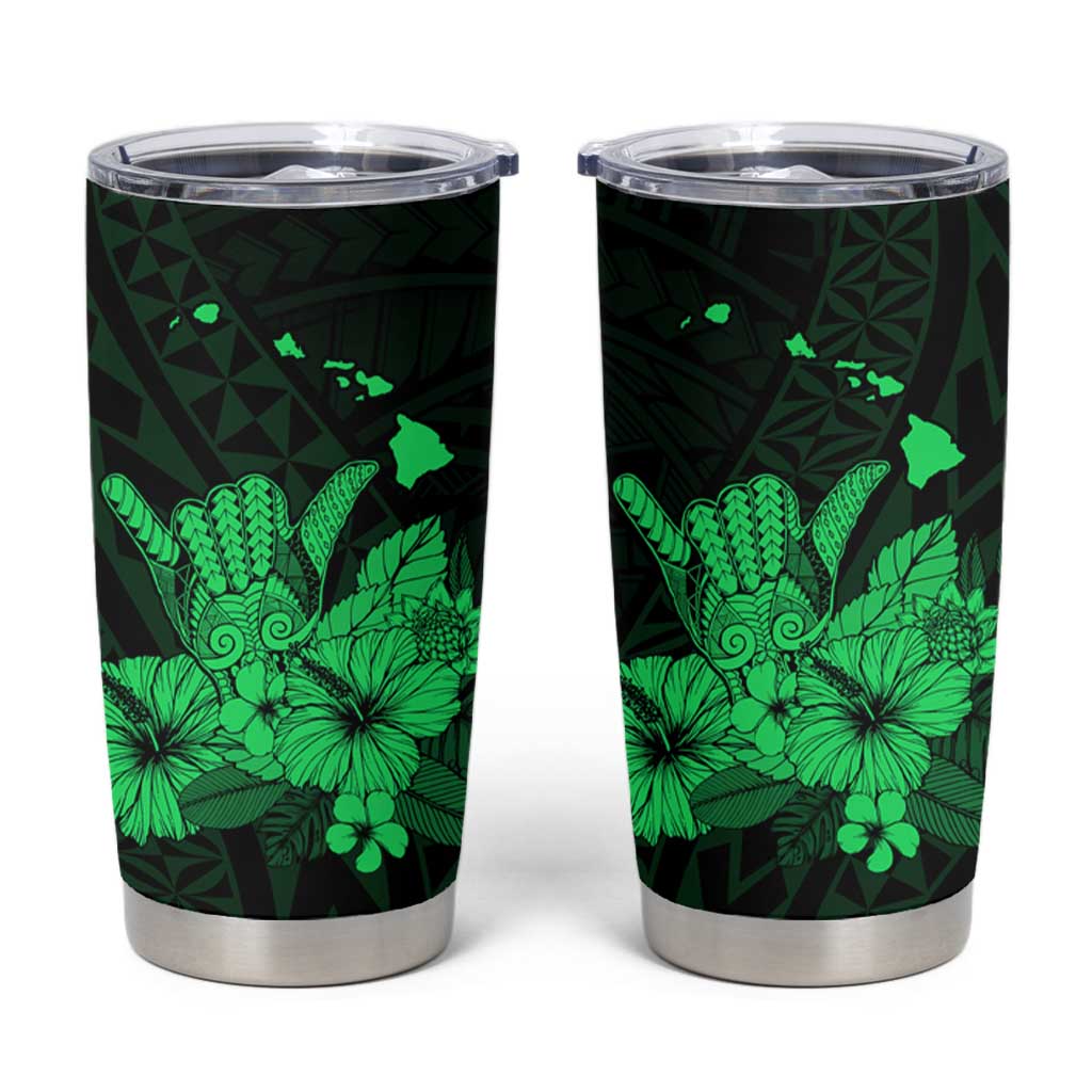 Green Hawaiian Hibiscus Shaka Sign Tumbler Cup LT9 Green - Polynesian Pride