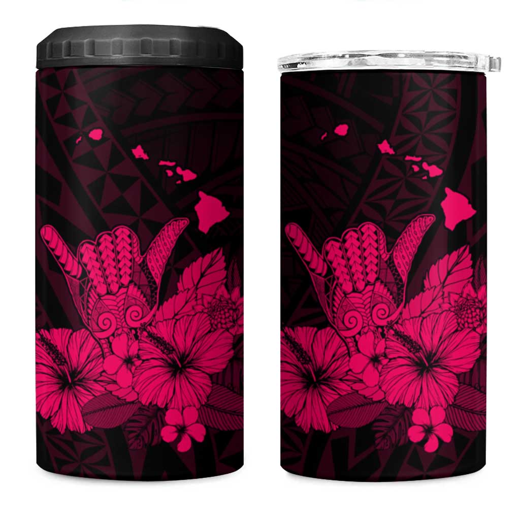 Pink Hawaiian Hibiscus Shaka Sign 4 in 1 Can Cooler Tumbler LT9 One Size: 16 oz Pink - Polynesian Pride