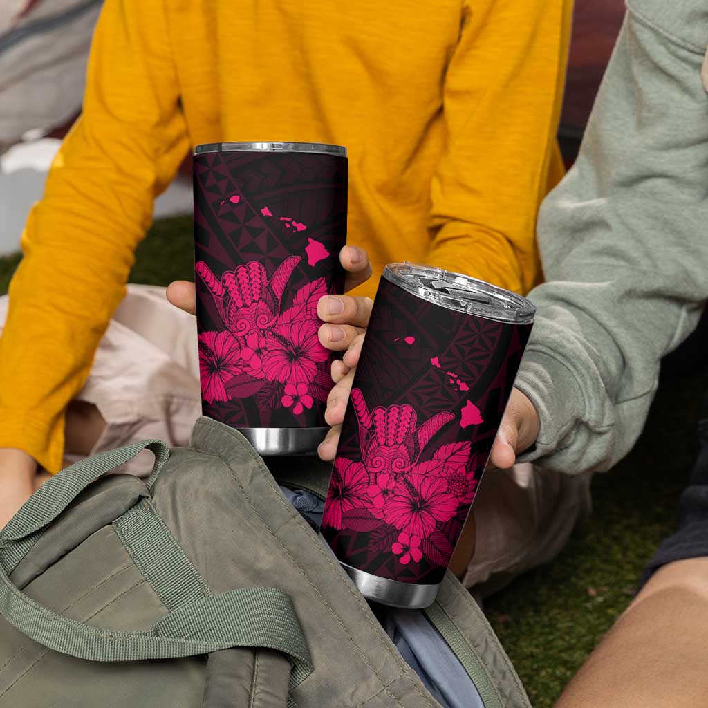 Pink Hawaiian Hibiscus Shaka Sign Tumbler Cup LT9 - Polynesian Pride
