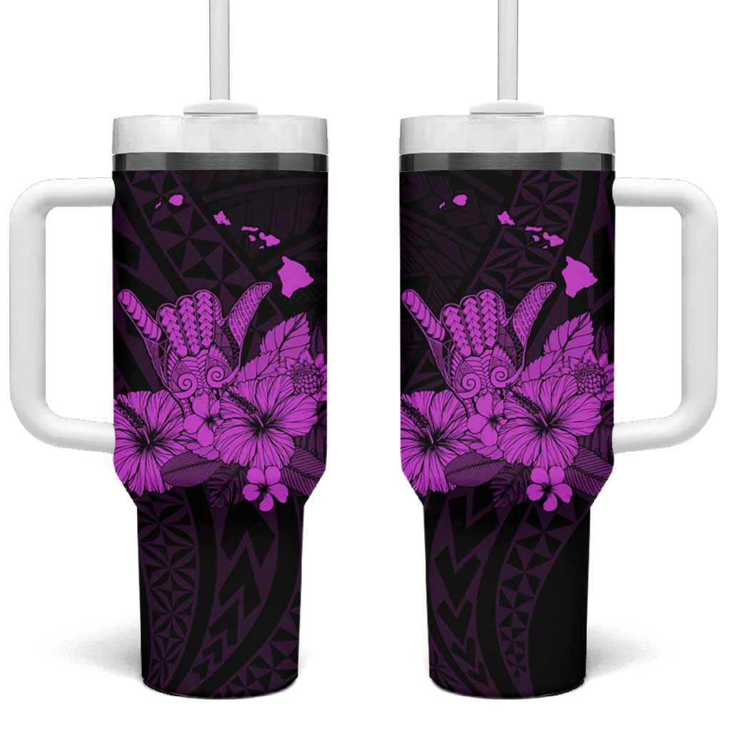 Purple Hawaiian Hibiscus Shaka Sign Tumbler With Handle LT9 One Size: 40 oz Purple - Polynesian Pride