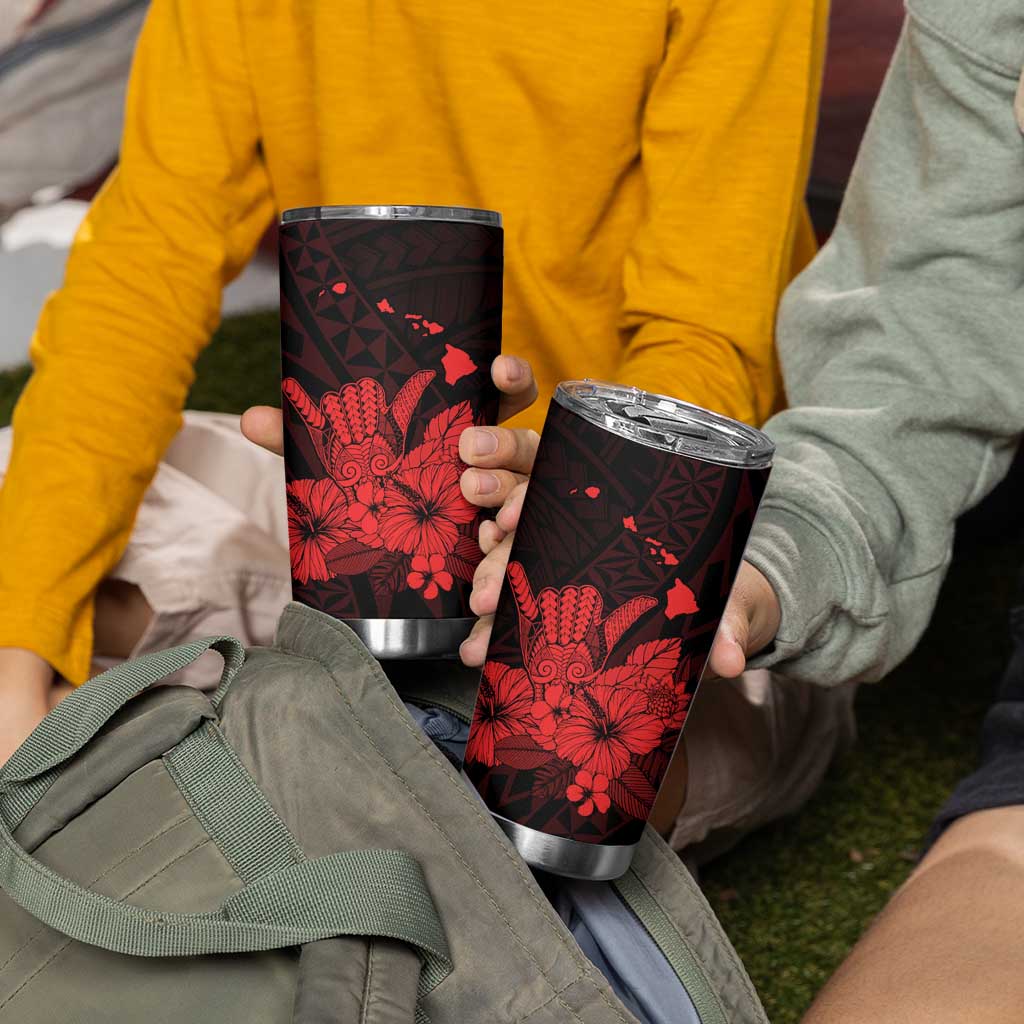 Red Hawaiian Hibiscus Shaka Sign Tumbler Cup LT9 - Polynesian Pride