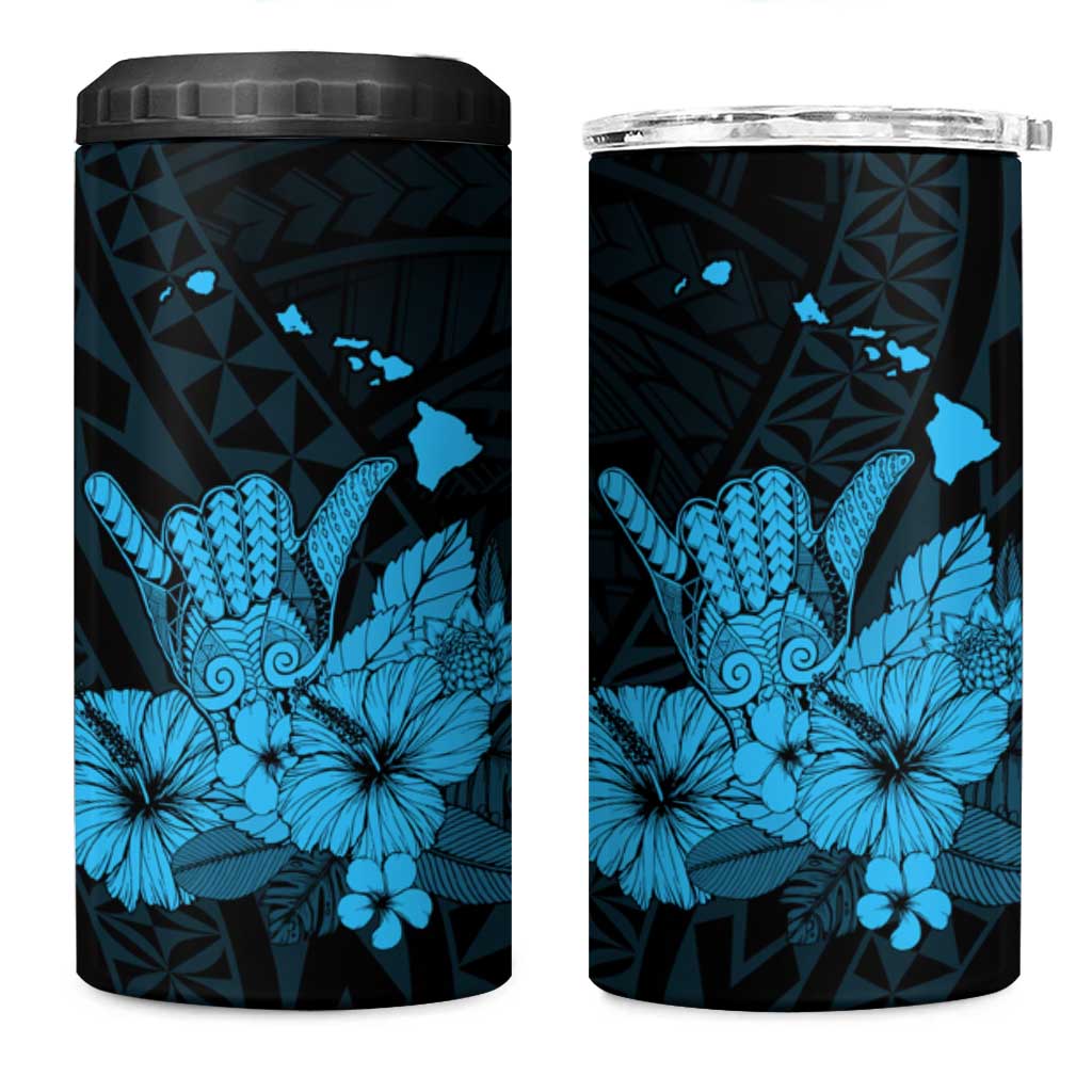 Blue Hawaiian Hibiscus Shaka Sign 4 in 1 Can Cooler Tumbler LT9 One Size: 16 oz Blue - Polynesian Pride