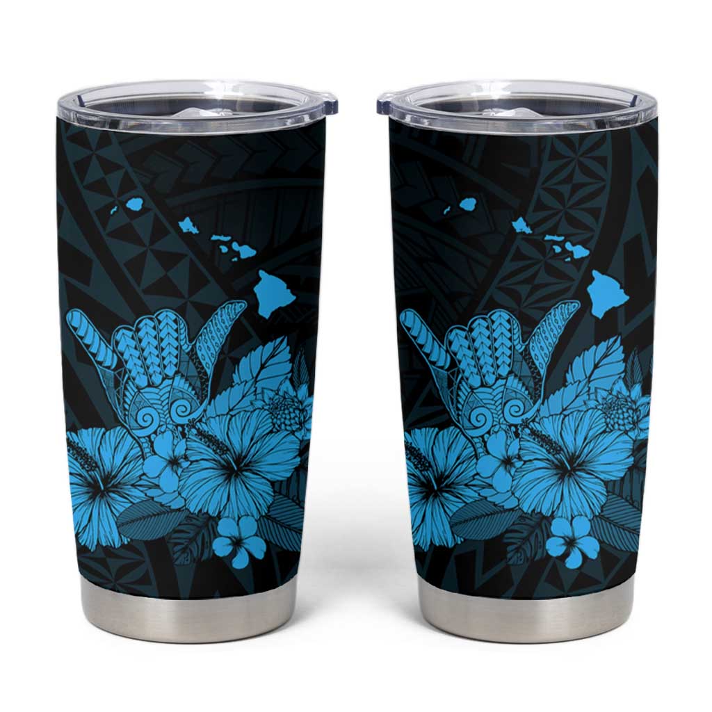 Blue Hawaiian Hibiscus Shaka Sign Tumbler Cup LT9 Blue - Polynesian Pride