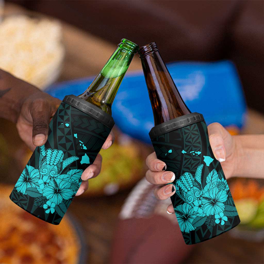 Turquoise Hawaiian Hibiscus Shaka Sign 4 in 1 Can Cooler Tumbler LT9 - Polynesian Pride
