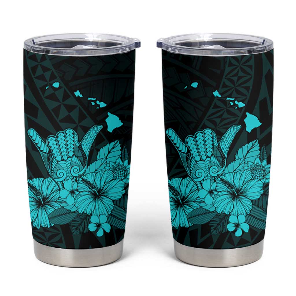 Turquoise Hawaiian Hibiscus Shaka Sign Tumbler Cup LT9 Turquoise - Polynesian Pride