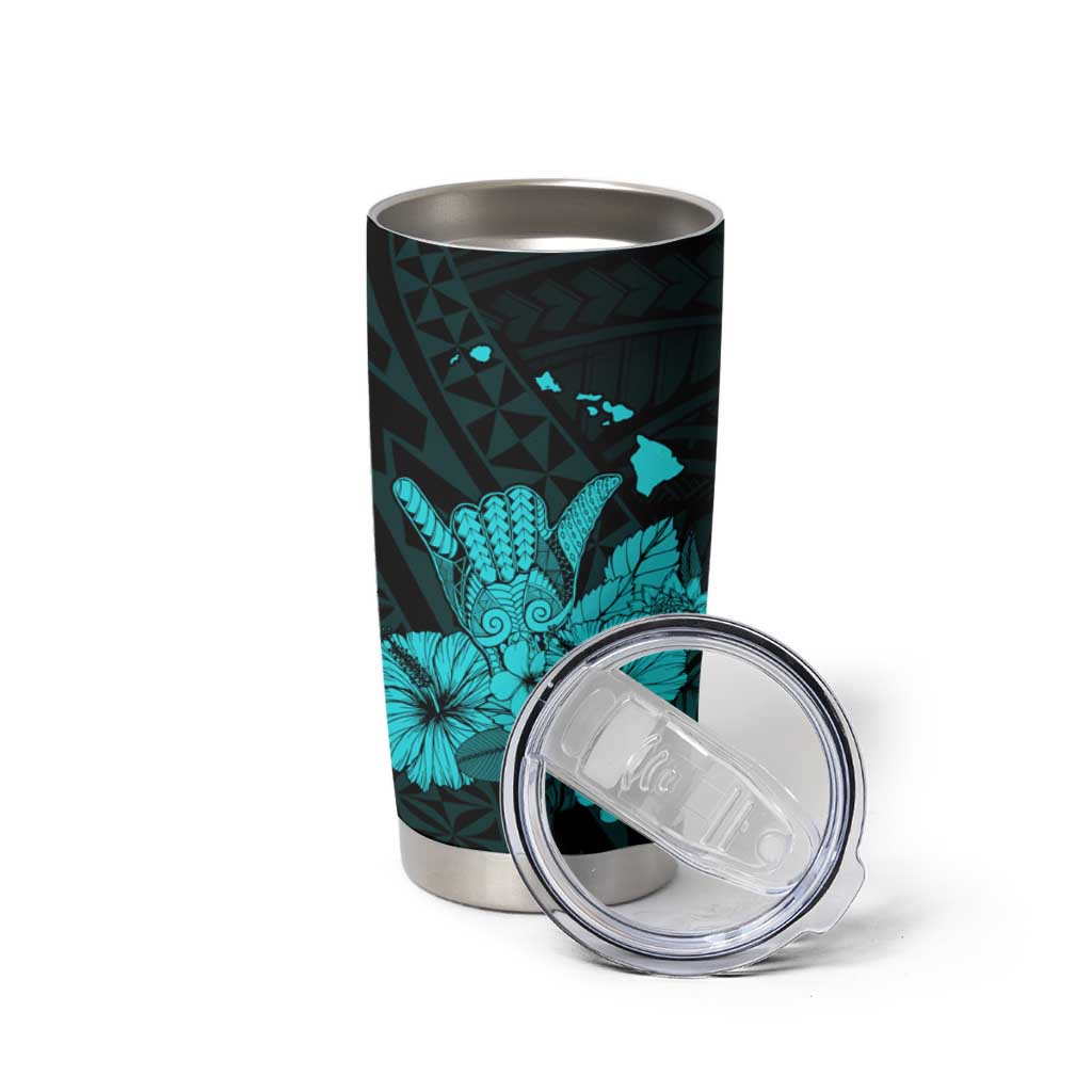 Turquoise Hawaiian Hibiscus Shaka Sign Tumbler Cup LT9 - Polynesian Pride