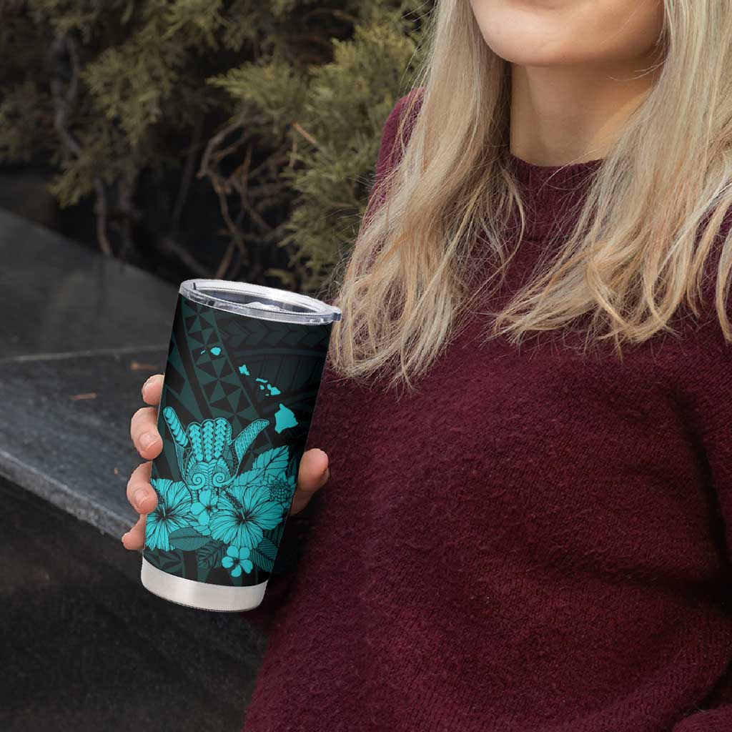 Turquoise Hawaiian Hibiscus Shaka Sign Tumbler Cup LT9 - Polynesian Pride