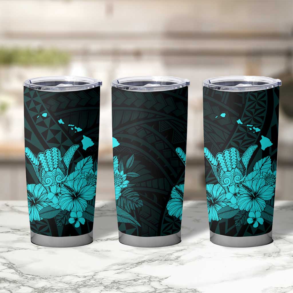 Turquoise Hawaiian Hibiscus Shaka Sign Tumbler Cup LT9 - Polynesian Pride