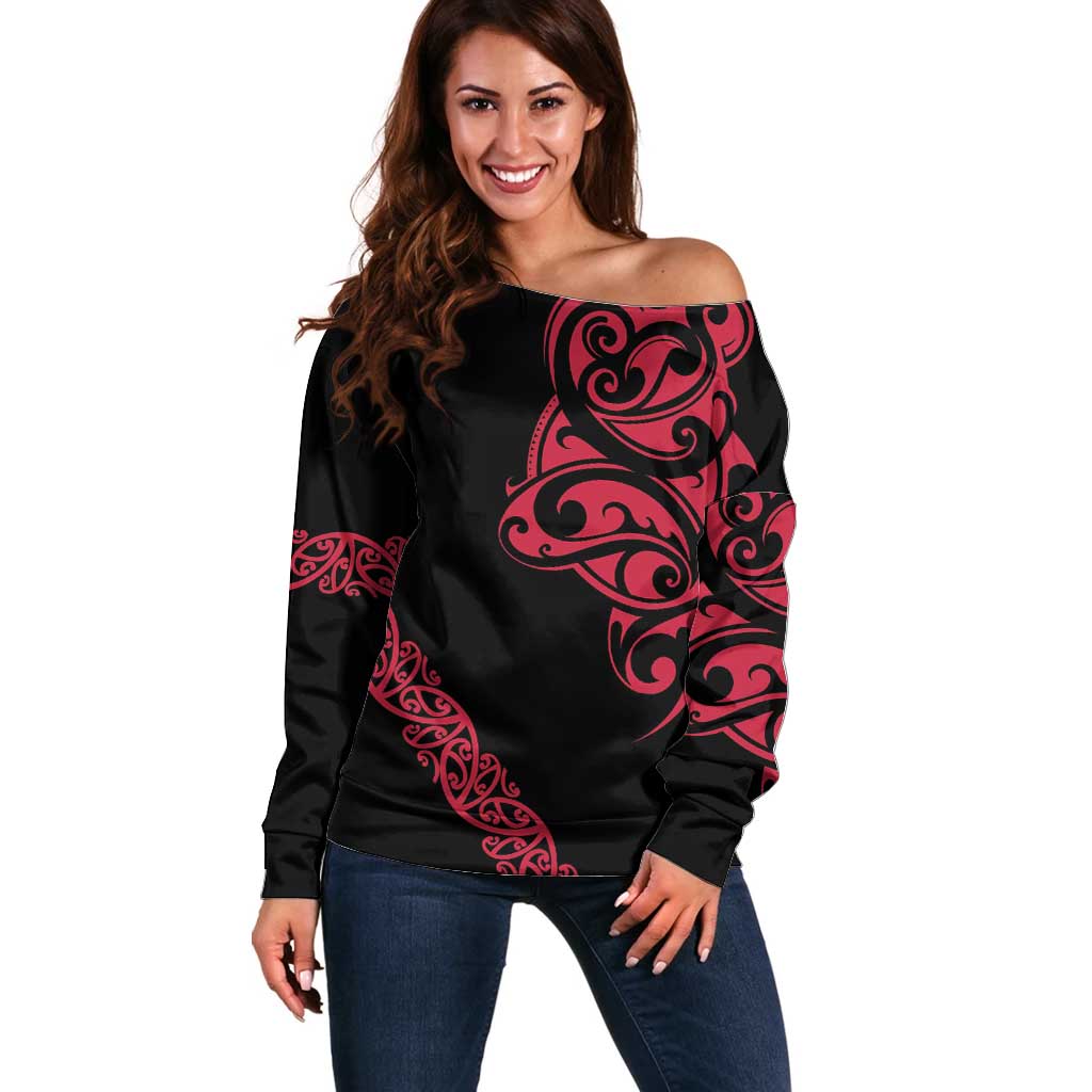All Black Maori Tribal Tattoo Personalised Off Shoulder Sweater Classic Red Polynesian Style LT9 Women Red - Polynesian Pride