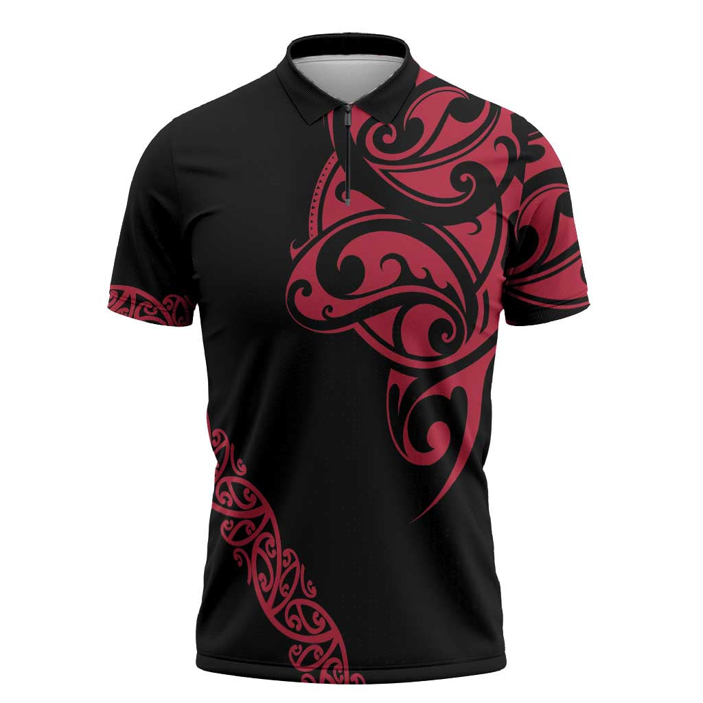 All Black Maori Tribal Tattoo Personalised Zipper Polo Shirt Classic Red Polynesian Style LT9 Red - Polynesian Pride