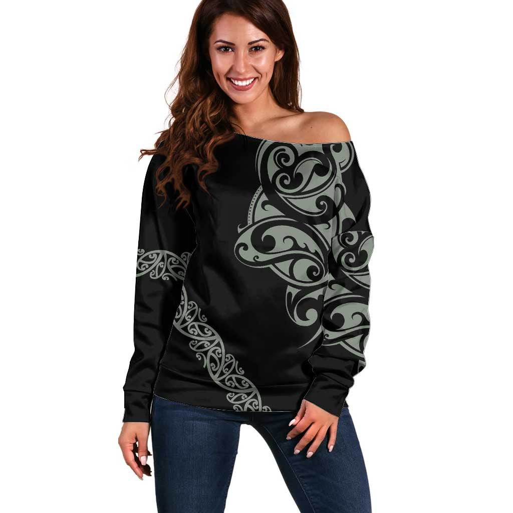 All Black Maori Tribal Tattoo Personalised Off Shoulder Sweater Moss Green Polynesian Style LT9 Women Green - Polynesian Pride