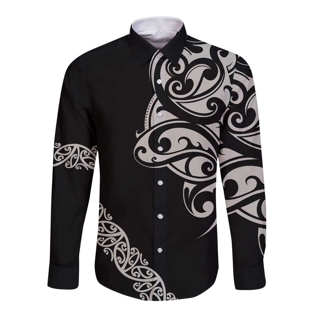 All Black Maori Tribal Tattoo Personalised Long Sleeve Button Shirt Stone Gray Polynesian Style LT9 Unisex Gray - Polynesian Pride