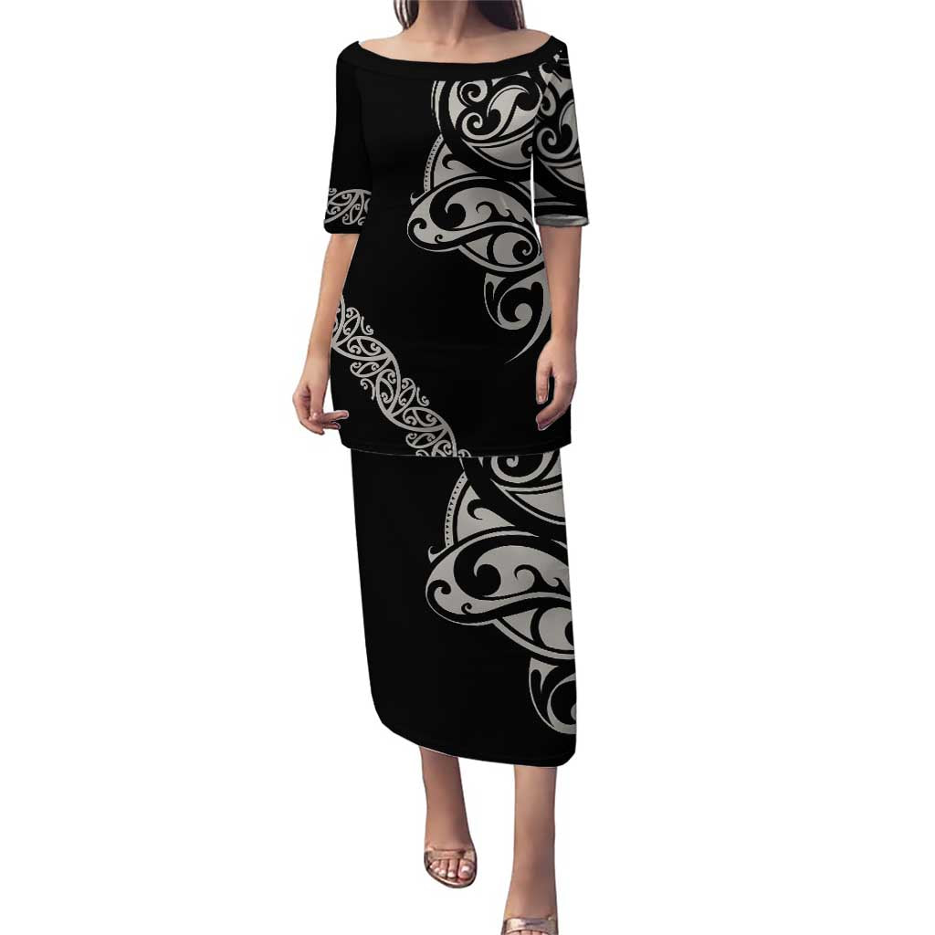 All Black Maori Tribal Tattoo Personalised Puletasi Stone Gray Polynesian Style LT9 Long Dress Gray - Polynesian Pride