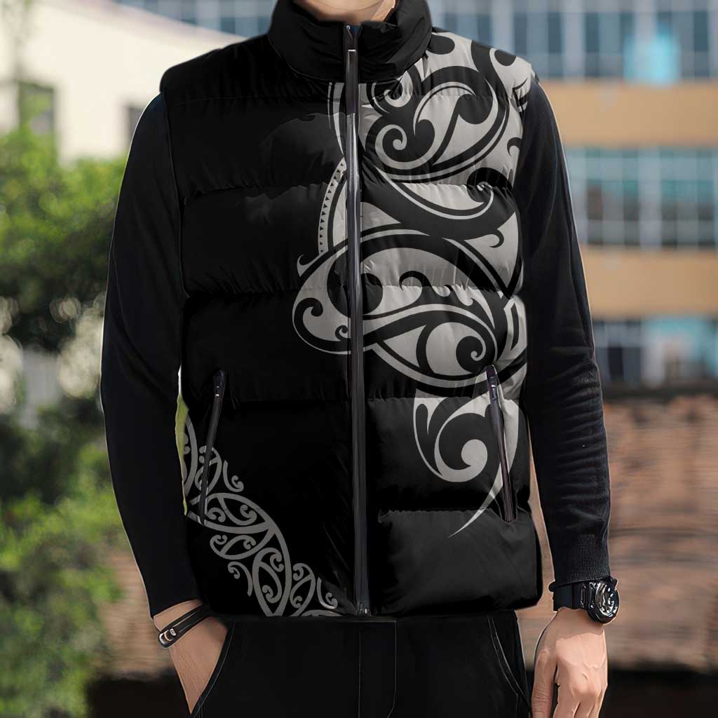 All Black Maori Tribal Tattoo Personalised Sleeveless Puffer Jacket Stone Gray Polynesian Style LT9 - Polynesian Pride