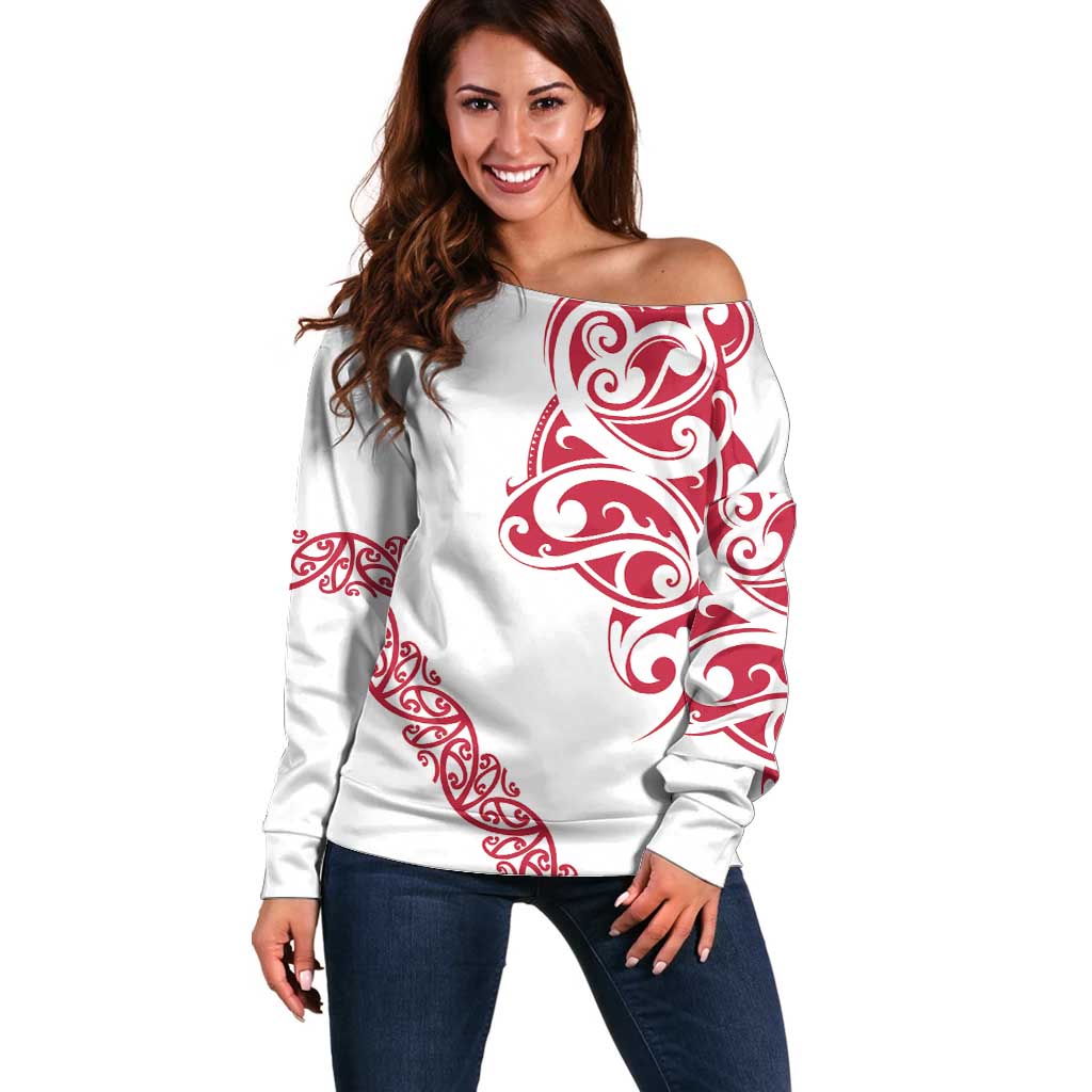 All White Maori Tribal Tattoo Personalised Off Shoulder Sweater Classic Red Polynesian Style LT9 Women Red - Polynesian Pride