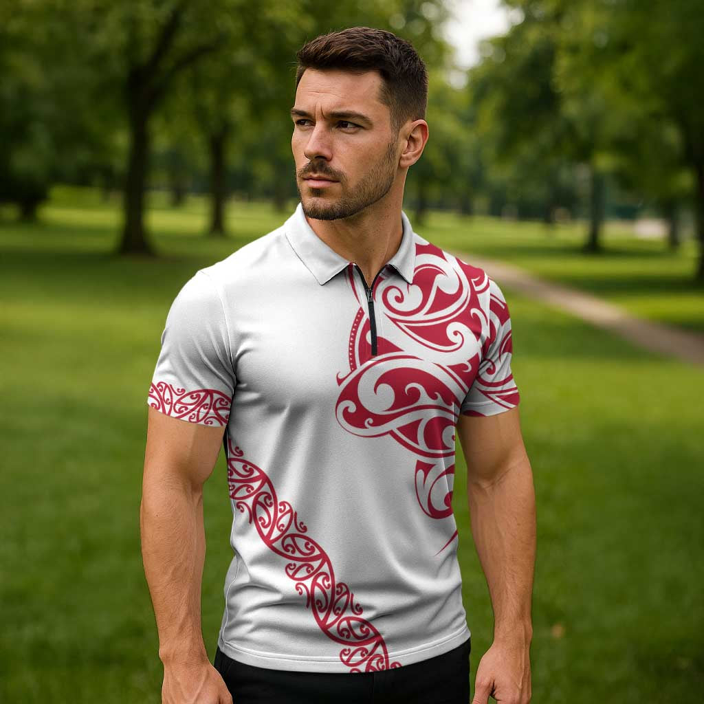 All White Maori Tribal Tattoo Personalised Zipper Polo Shirt Classic Red Polynesian Style LT9 - Polynesian Pride