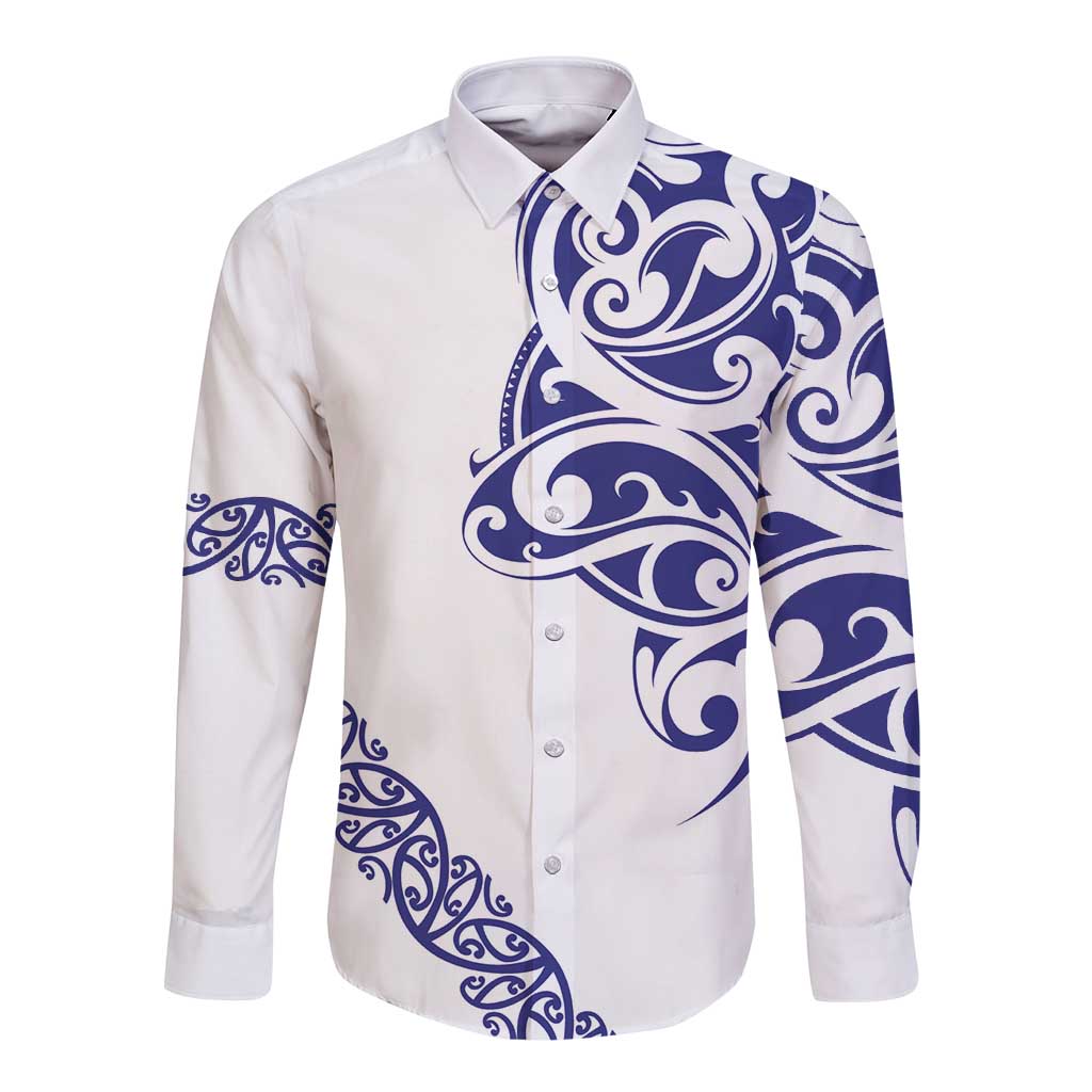 All White Maori Tribal Tattoo Personalised Long Sleeve Button Shirt Dark Blue Polynesian Style LT9 Unisex Blue - Polynesian Pride