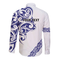 All White Maori Tribal Tattoo Personalised Long Sleeve Button Shirt Dark Blue Polynesian Style LT9 - Polynesian Pride
