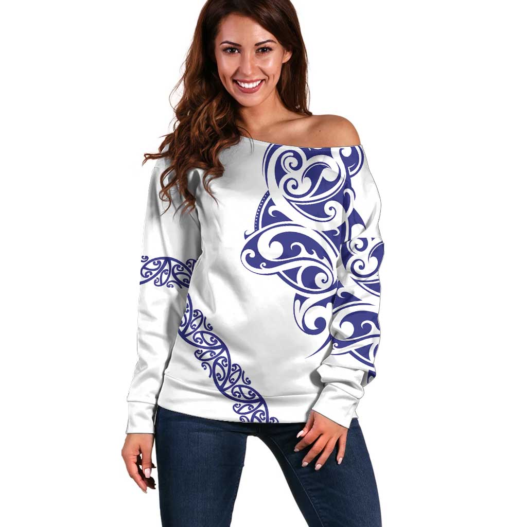 All White Maori Tribal Tattoo Personalised Off Shoulder Sweater Dark Blue Polynesian Style LT9 Women Blue - Polynesian Pride