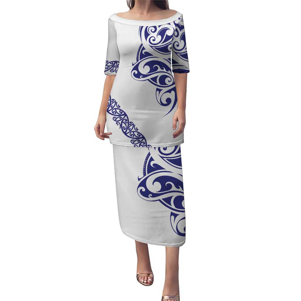 All White Maori Tribal Tattoo Personalised Puletasi Dark Blue Polynesian Style LT9 Long Dress Blue - Polynesian Pride