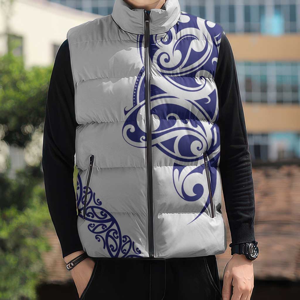 All White Maori Tribal Tattoo Personalised Sleeveless Puffer Jacket Dark Blue Polynesian Style LT9 - Polynesian Pride
