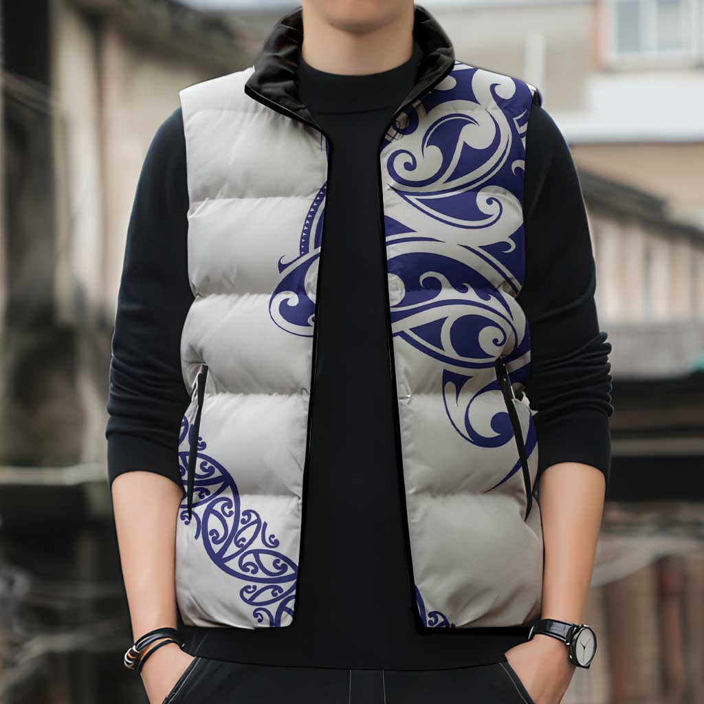 All White Maori Tribal Tattoo Personalised Sleeveless Puffer Jacket Dark Blue Polynesian Style LT9 - Polynesian Pride