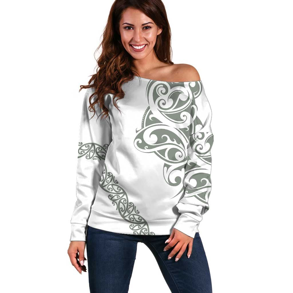 All White Maori Tribal Tattoo Personalised Off Shoulder Sweater Moss Green Polynesian Style LT9 Women Green - Polynesian Pride
