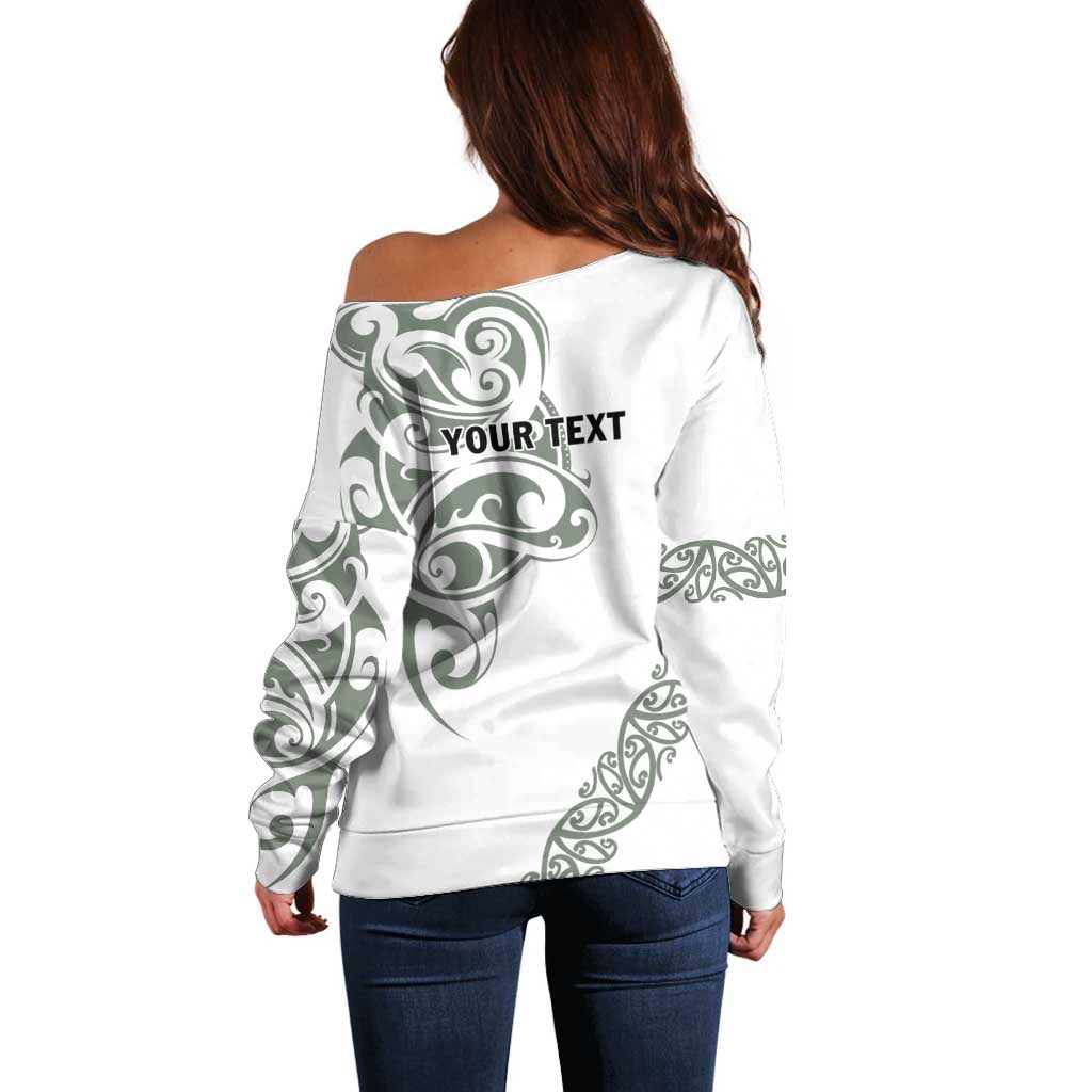 All White Maori Tribal Tattoo Personalised Off Shoulder Sweater Moss Green Polynesian Style LT9 - Polynesian Pride