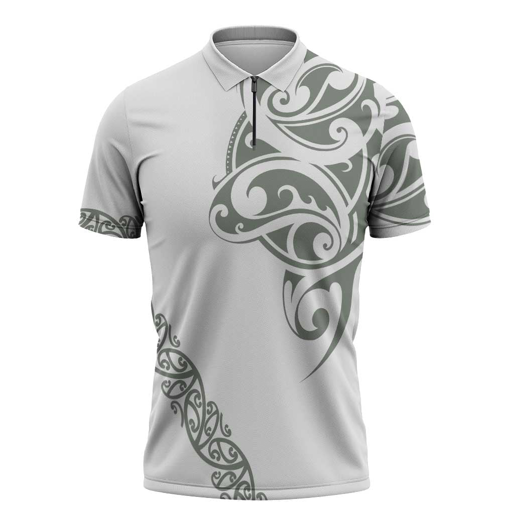 All White Maori Tribal Tattoo Personalised Zipper Polo Shirt Moss Green Polynesian Style LT9 Green - Polynesian Pride