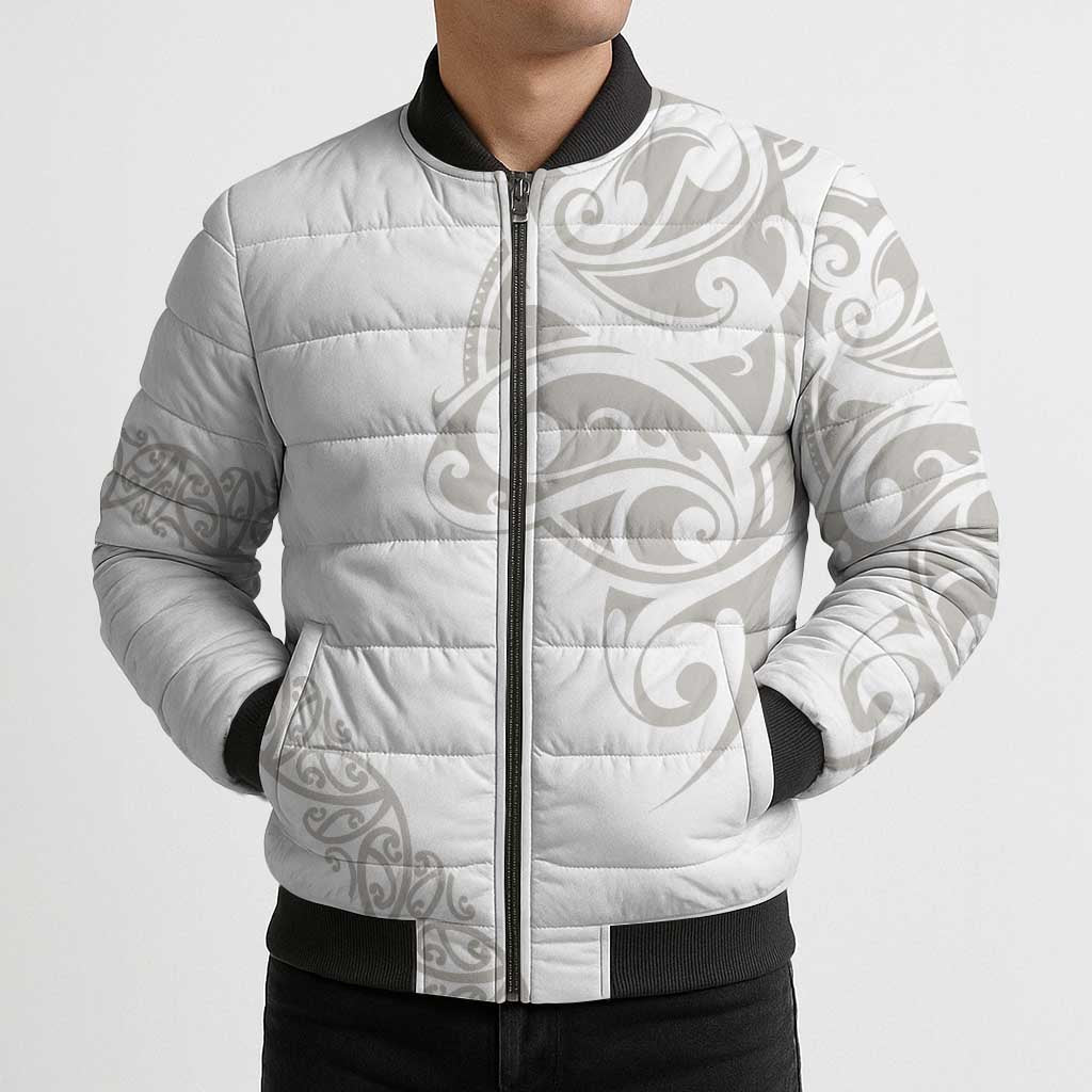 All White Maori Tribal Tattoo Personalised Bomber Puffer Jacket Stone Gray Polynesian Style LT9 - Polynesian Pride