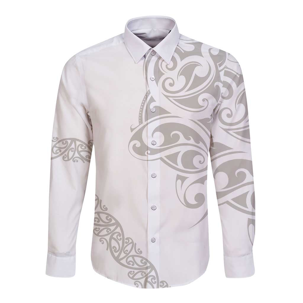 All White Maori Tribal Tattoo Personalised Long Sleeve Button Shirt Stone Gray Polynesian Style LT9 Unisex Gray - Polynesian Pride