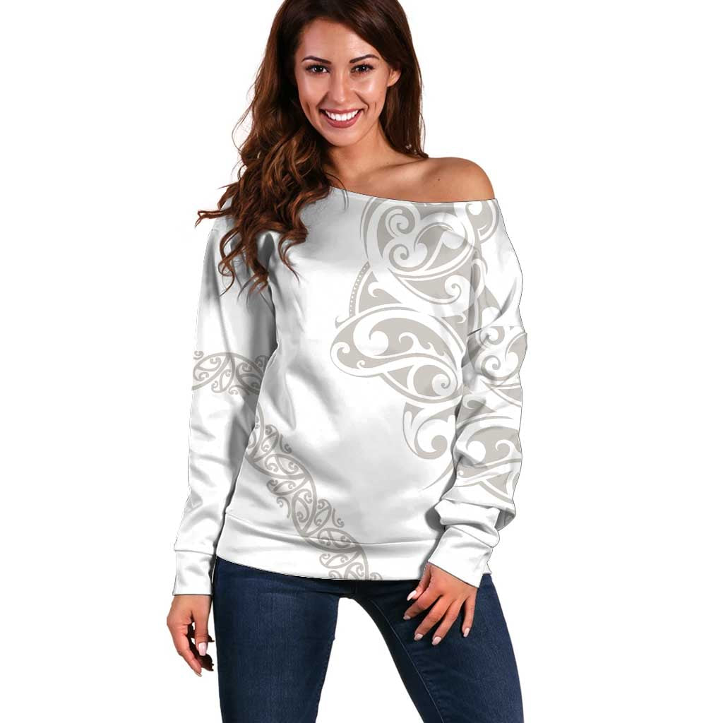 All White Maori Tribal Tattoo Personalised Off Shoulder Sweater Stone Gray Polynesian Style LT9 Women Gray - Polynesian Pride