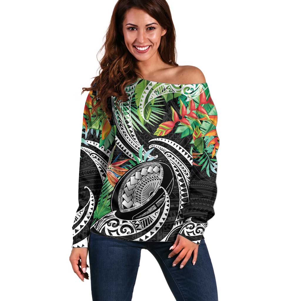 Polynesian Pacific Rugby Tribal Off Shoulder Sweater Tropical Vibe LT9 Women Black - Polynesian Pride