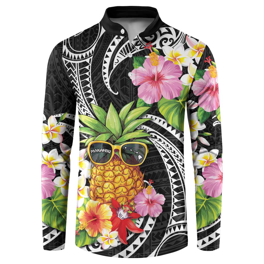 Hau'oli Makahiki Hou Button Sweatshirt Aloha Pineapple Tropical Vibe LT9 Black - Polynesian Pride
