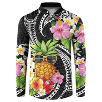 Hau'oli Makahiki Hou Button Sweatshirt Aloha Pineapple Tropical Vibe LT9 Black - Polynesian Pride