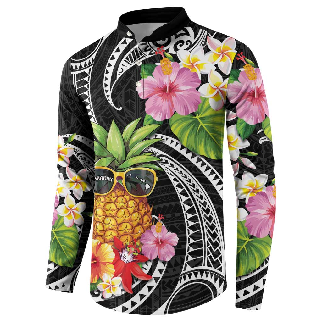 Hau'oli Makahiki Hou Button Sweatshirt Aloha Pineapple Tropical Vibe LT9 - Polynesian Pride