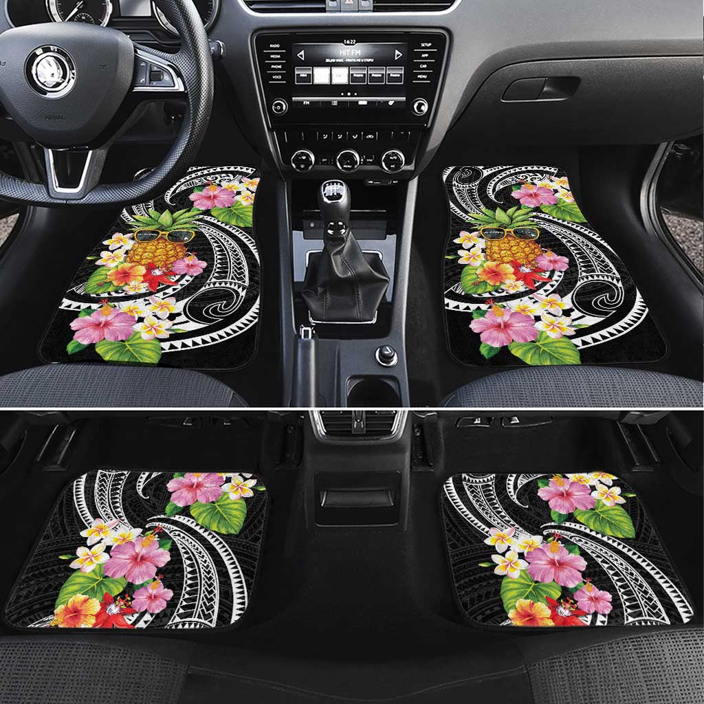 Hau'oli Makahiki Hou Car Mats Aloha Pineapple Tropical Vibe LT9 Set 4pcs Black - Polynesian Pride