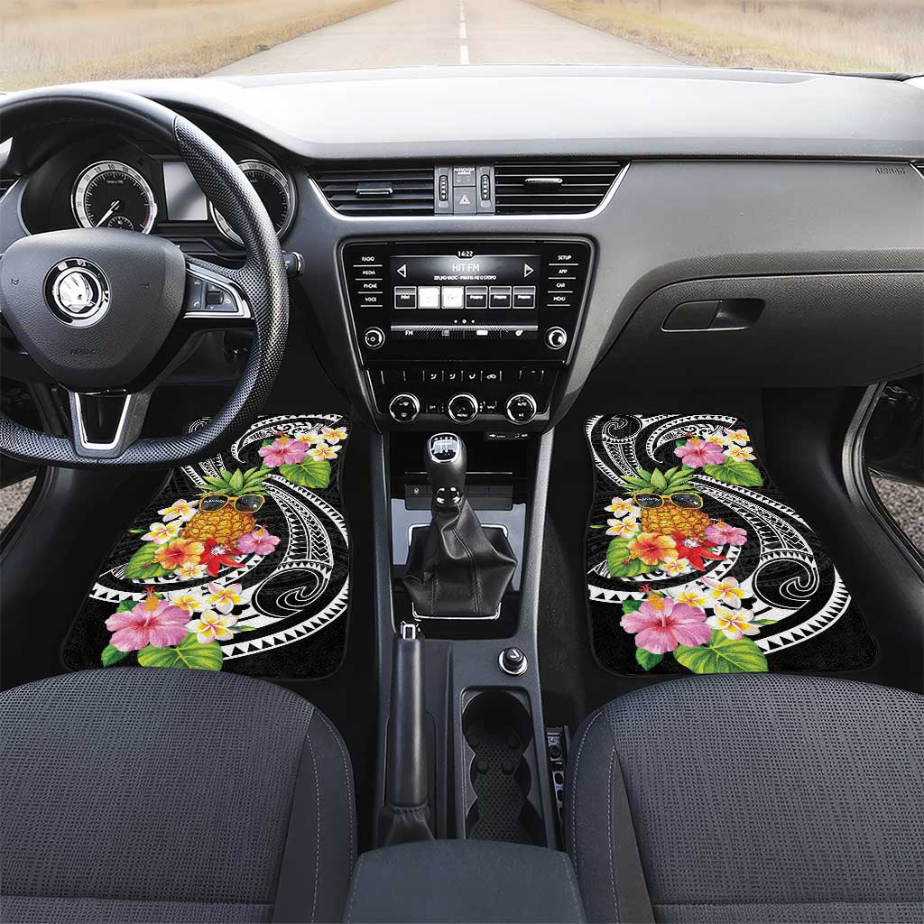 Hau'oli Makahiki Hou Car Mats Aloha Pineapple Tropical Vibe LT9 Set 2pcs - Front Black - Polynesian Pride