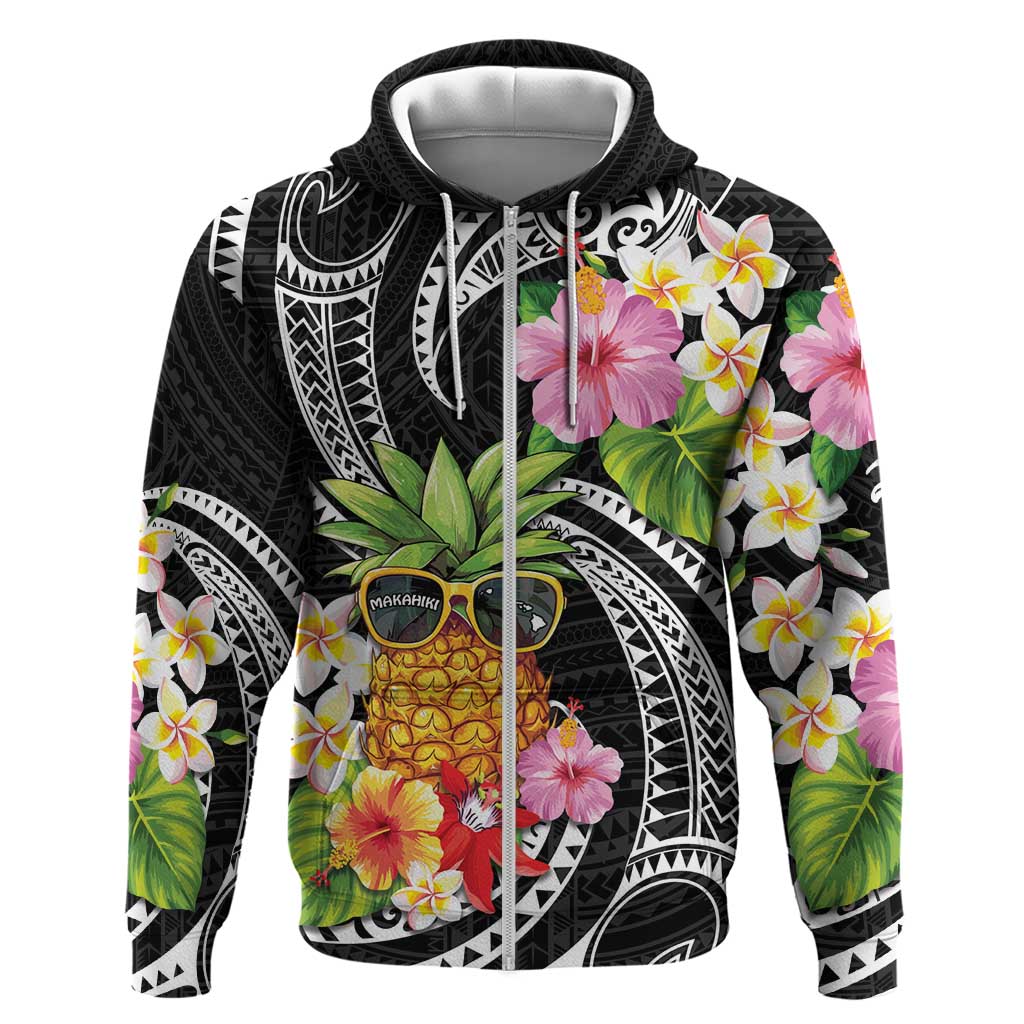 Hau'oli Makahiki Hou Hoodie Aloha Pineapple Tropical Vibe LT9 Zip Hoodie Black - Polynesian Pride