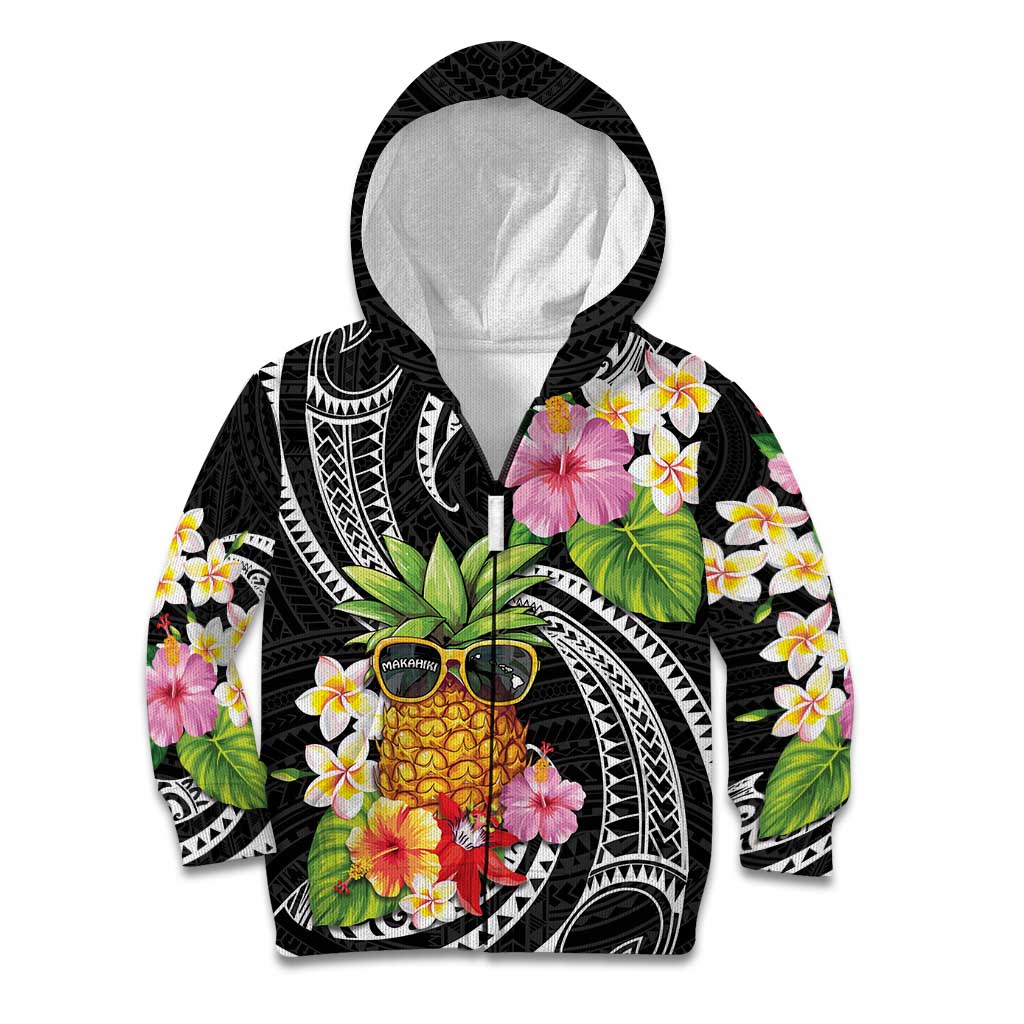 Hau'oli Makahiki Hou Kid Hoodie Aloha Pineapple Tropical Vibe LT9 Zip Hoodie Black - Polynesian Pride
