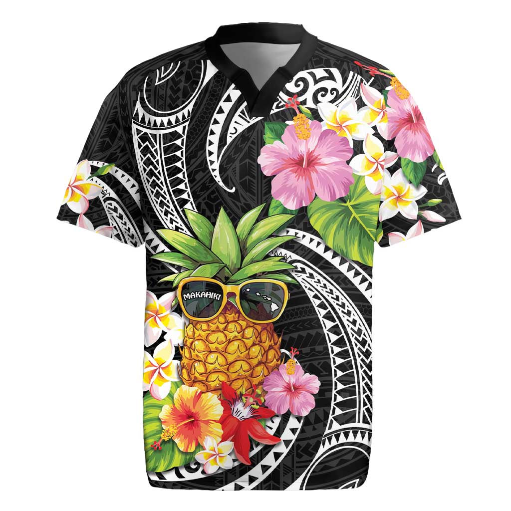Hau'oli Makahiki Hou Rugby Jersey Aloha Pineapple Tropical Vibe LT9 Black - Polynesian Pride