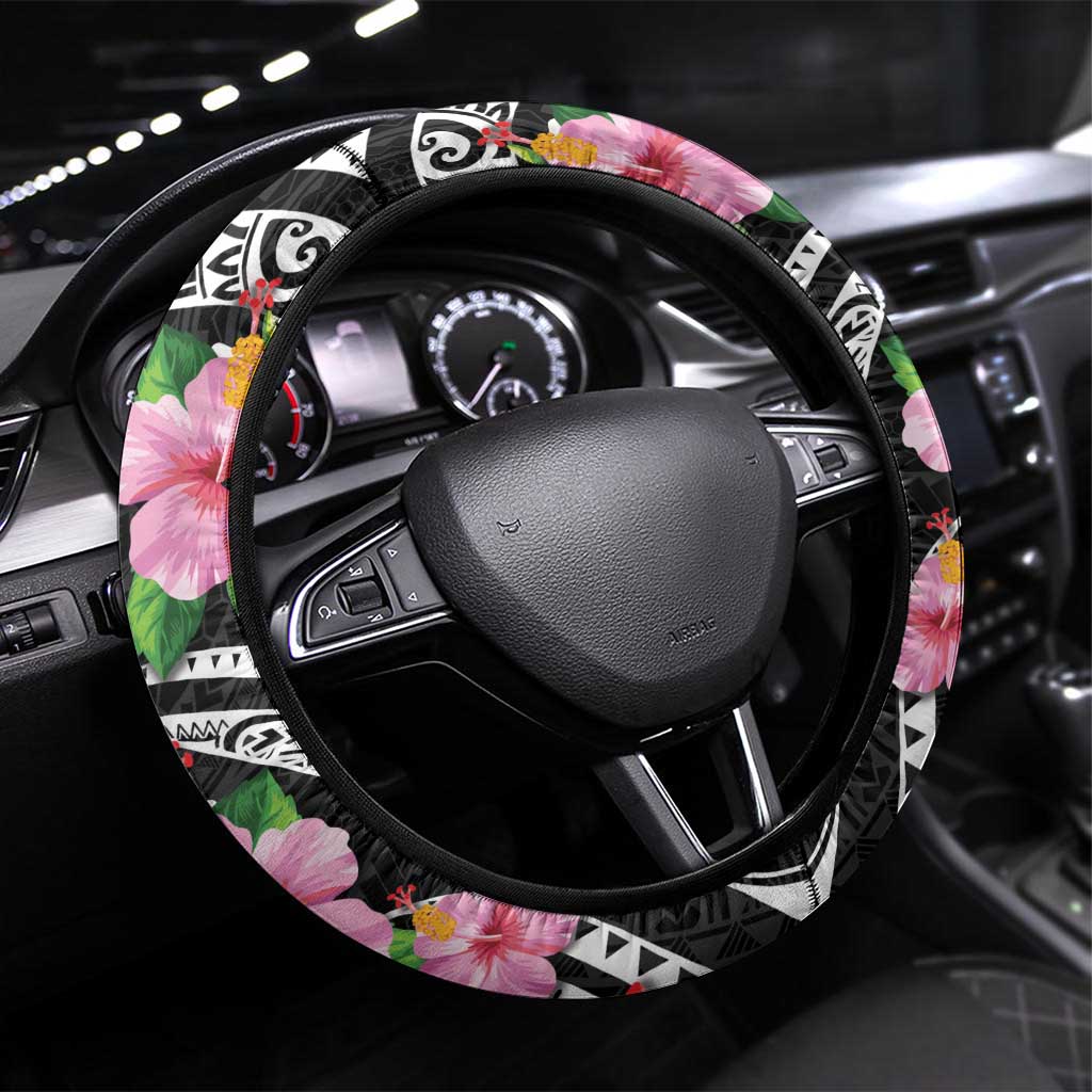Hau'oli Makahiki Hou Steering Wheel Cover Aloha Pineapple Tropical Vibe LT9 Universal Fit Black - Polynesian Pride