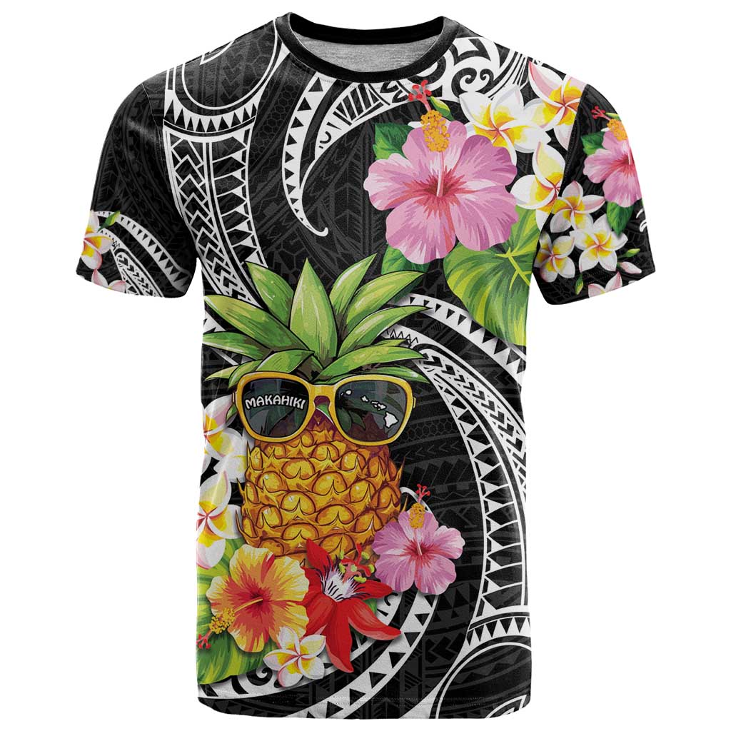 Hau'oli Makahiki Hou T Shirt Aloha Pineapple Tropical Vibe LT9 Black - Polynesian Pride