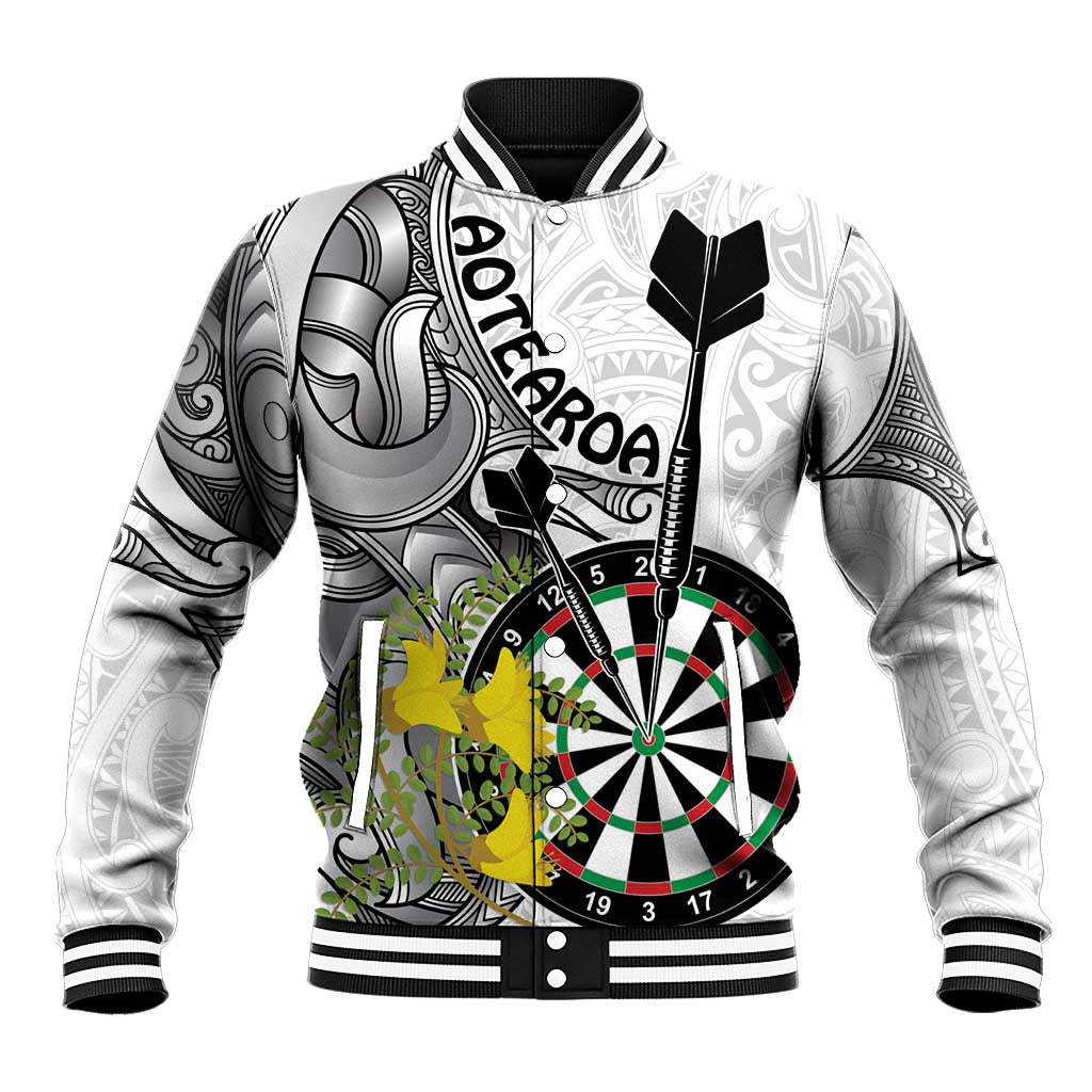 Personalised New Zealand Darts Baseball Jacket Kowhai Floral with Maori Tattoo LT9 Unisex Black - Polynesian Pride